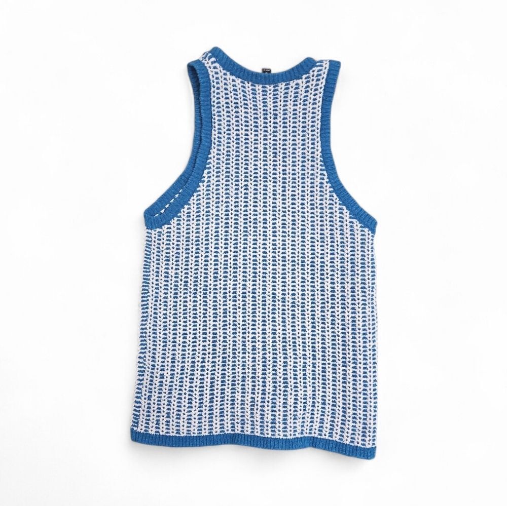 Ann Taylor Textured Knit Cardigan Tank Set Blue White Gold Button Lady Jacket M - Picture 5 of 16